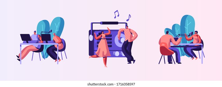 Set of Radio Personality On-air. Introduce and Play Individual Selection of Record Music. Host Talk Show, Interviews Celebrity or Guest. Listener Characters Dance. Cartoon People Vector Illustration