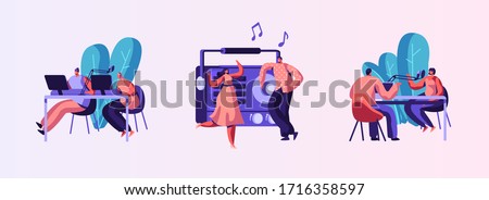 Set of Radio Personality On-air. Introduce and Play Individual Selection of Record Music. Host Talk Show, Interviews Celebrity or Guest. Listener Characters Dance. Cartoon People Vector Illustration