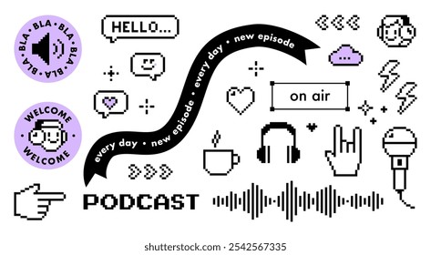 Conjunto de ícones de pixels y2k de podcast de rádio. Microfone, fones, balão de fala, equalizador. Elementos abstratos do jogo. Forma moderna de cor preta para colagem, cartaz. Sinal simples geométrico abstrato no branco