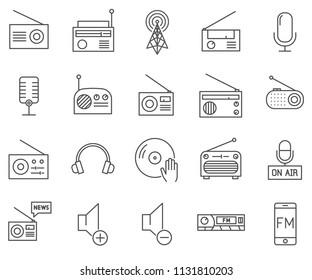 Set of radio Related Vector Line Icons. Includes such Icons as headphones, DJ, signal, radio waves, microphone and more.