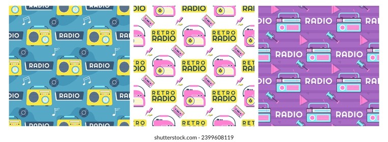 Set of Radio Seamless Pattern Illustration Design with Player for Record and Listening to Music in Flat Cartoon Template