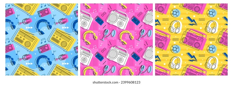Set of Radio Seamless Pattern Illustration Design with Player for Record and Listening to Music in Flat Cartoon Template