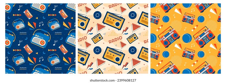 Set of Radio Seamless Pattern Illustration Design with Player for Record and Listening to Music in Flat Cartoon Template