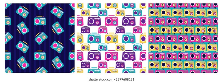 Conjunto de diseño de ilustraciones de patrones sin foco de radio con reproductor para grabar y escuchar música en plantilla de dibujos planos