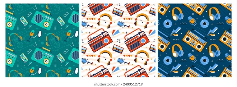 Set of Radio Seamless Pattern Illustration Design with Player for Record and Listening to Music in Flat Cartoon Template