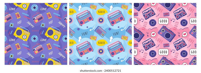 Set Set von Radio Seamless Musterillustration Design mit Player für Aufnahme und Hören von Musik in flachen Cartoon-Vorlage