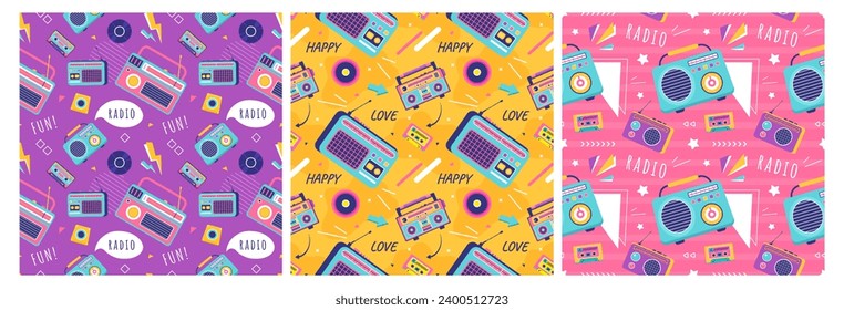 Set of Radio Seamless Pattern Illustration Design with Player for Record and Listening to Music in Flat Cartoon Template