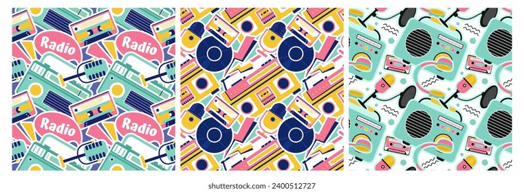 Conjunto de diseño de ilustraciones de patrones sin foco de radio con reproductor para grabar y escuchar música en plantilla de dibujos planos
