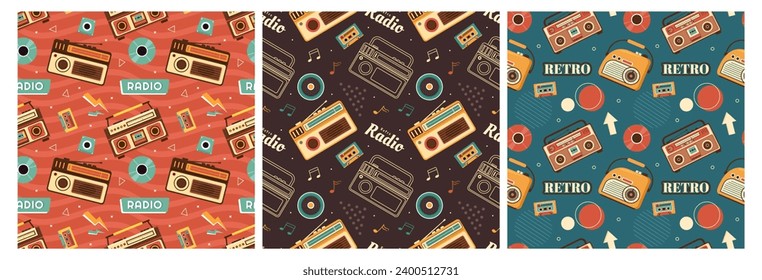 Set of Radio Seamless Pattern Illustration Design with Player for Record and Listening to Music in Flat Cartoon Template