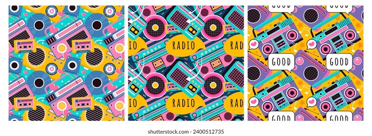 Set Set von Radio Seamless Musterillustration Design mit Player für Aufnahme und Hören von Musik in flachen Cartoon-Vorlage