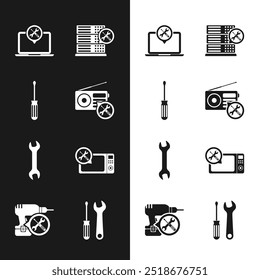 Set Radio service, Screwdriver, Laptop, Database server, Wrench, Microwave oven, and wrench and Drill machine icon. Vector