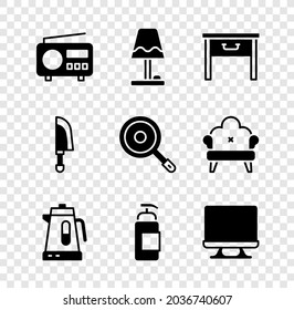 Set Radio, Table lamp, Furniture nightstand, Electric kettle, Antibacterial soap, Smart Tv, Knife and Frying pan icon. Vector