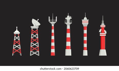 Set of Radio Towers, Communication Technology Antenna Construction. City Network Wireless Signal Station Broadcast Equipment Isolated on Black Background. Cartoon Vector Illustration, Icons