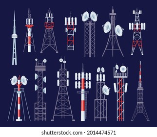 Set radio towers. Modern communication technology construction with antenna. City towering broadcasting equipment wireless signal station. Global telecommunication broadcast satellite towers vector