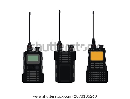 Set Radio transceiver. Black rectangle portable device with yellow screen and antenna.