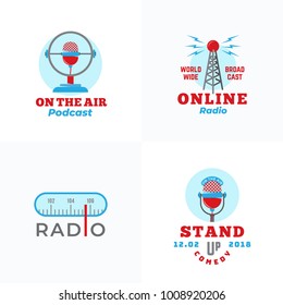 A Set Of Radio Vector Emblems. Abstract Broadcast Tower, Podcast Or Stand Up Comedy Microphone Signs Or Logo Templates. Radio Scale And On The Air Symbols. Isolated.