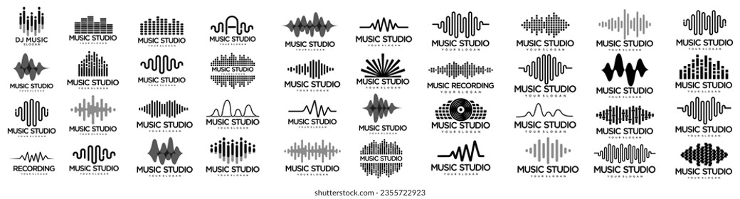 Conjunto de iconos de la onda de radio.Onda de sonido simple monocroma sobre fondo blanco.Ilustración vectorial aislada