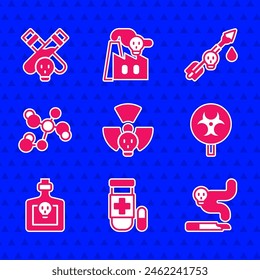 Set Radioactive, Antidote, Cigarette, Biohazard symbol, Bottle with potion, Chemical formula, Poison the arrow and  icon. Vector