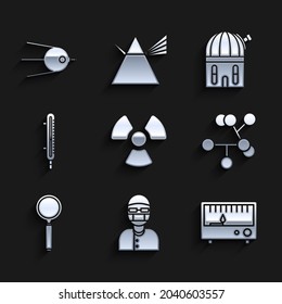 Set Radioactive, Assistant, Electrical measuring instruments, Molecule, Magnifying glass, Meteorology thermometer, Astronomical observatory and Satellite icon. Vector