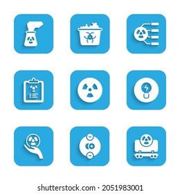 Set Radioactive, Atom, cargo train, Light bulb with concept of idea, Radiation warning document,  and Nuclear power plant icon. Vector