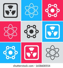 Set Radioactive, Atom and Chemical formula icon. Vector