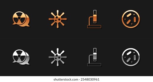 Set Radioactive, Bacteria, Microscope and Petri dish with bacteria icon. Vector