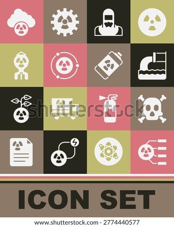 Set Radioactive, Bones and skull warning, Wastewater, Nuclear reactor worker, bomb, Acid rain radioactive cloud and energy battery icon. Vector