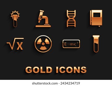 Set Radioactive, Book, Test tube and flask, Equation solution, Square root of x glyph, DNA symbol,  and Microscope icon. Vector