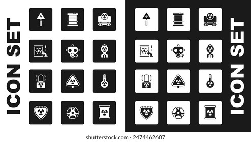 Set Radioactive cargo train, Gas mask, waste barrel, High voltage sign, Nuclear bomb, Meteorology thermometer and warning lamp icon. Vector