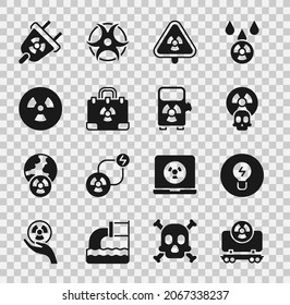 Set Radioactive cargo train, Light bulb with concept of idea, Triangle radiation, Radiation nuclear suitcase, electrical plug and Electric charging station icon. Vector