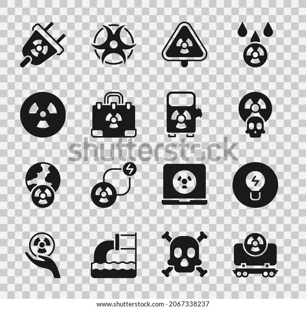 Set Radioactive cargo\
train, Light bulb with concept of idea, Triangle radiation,\
Radiation nuclear suitcase, electrical plug and Electric charging\
station icon. Vector