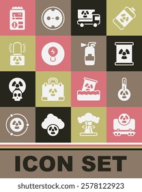 Set Radioactive cargo train, Meteorology thermometer, waste barrel, Truck with radiation materials, Light bulb concept of idea, warning lamp, Dosimeter and Fire extinguisher icon. Vector