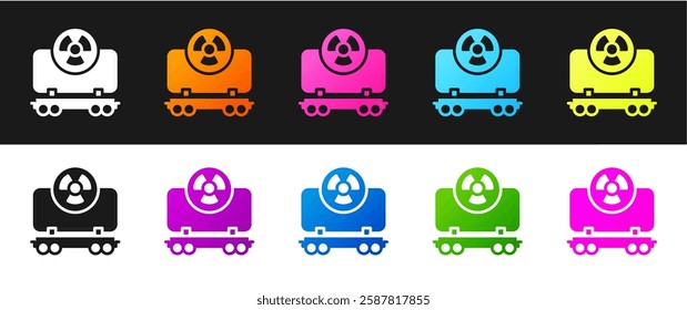 Set Radioactive cargo train wagon icon isolated on black and white background. Freight car. Railroad transportation.  Vector