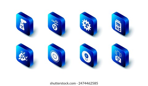 Set Radioactive, Dosimeter, warning lamp, Light bulb with concept of idea, Power button, Radiation electrical plug and Nuclear power plant icon. Vector