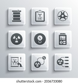 Set Radioactive exchange energy, Dosimeter, Light bulb with concept of idea, waste in barrel,  and Biohazard symbol icon. Vector