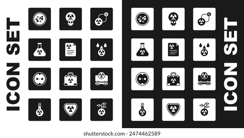 Set Radioactive exchange energy, Radiation warning document, Test tube radiation, Molecule, Acid rain and radioactive cloud, cargo train and Electrical outlet icon. Vector