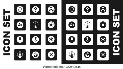 Set Radioactive, Gluten free grain, Factory production, Recycle symbol, Sun, Unknown search, Medical of the Emergency and Fragile broken glass icon. Vector