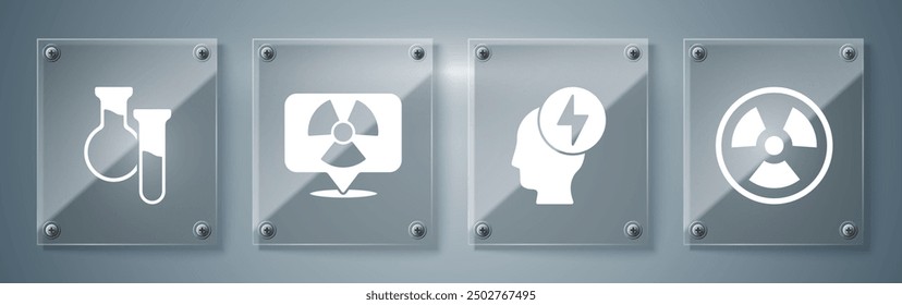 Set Radioactive, Head and electric symbol, Radioactive in location and Test tube and flask. Square glass panels. Vector