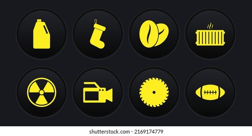 Set Radioactive, Heating radiator, Cinema camera, Circular saw blade, Coffee beans and Christmas sock icon. Vector