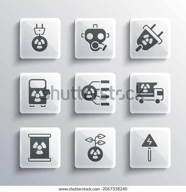 Set Radioactive, High\
voltage sign, Truck with radiation materials, waste in barrel,\
Electric car charging station, Radiation electrical plug and  icon.\
Vector