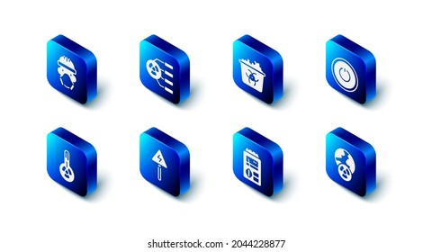 Set Radioactive, Infectious waste, Power button, Planet earth and radiation, Dosimeter, High voltage sign, Meteorology thermometer and Nuclear reactor worker icon. Vector