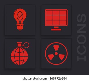 Set Radioactive, Light bulb with leaf, Solar energy panel and Planet earth and a recycling icon. Vector
