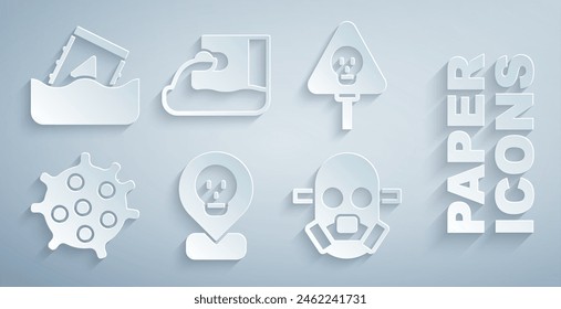 Set Radioactive in location, Bones and skull, Bacteria, Gas mask, Wastewater and waste barrel icon. Vector