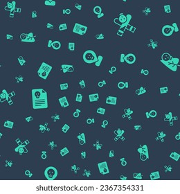 Set Radioactive in location, Bottle with potion, Radiation warning document and Poison flower on seamless pattern. Vector