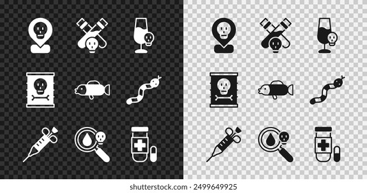 Set Radioactive in location, Bottle with potion, Poisoned alcohol, Syringe, magnifying glass, Antidote, waste barrel and Puffer fish icon. Vector