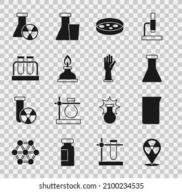Set Radioactive in location, Laboratory glassware or beaker, Test tube and flask, Petri dish with bacteria, Alcohol spirit burner, radiation and Medical rubber gloves icon. Vector