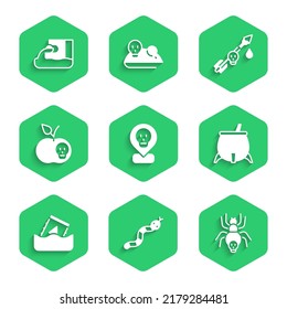 Set Radioactive in location, Snake, Poisonous spider, Witch cauldron, waste barrel, apple, the arrow and Wastewater icon. Vector