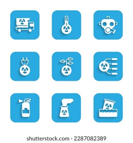 Set Radioactive, Nuclear power plant, waste in barrel, Fire extinguisher, Radiation electrical plug, Gas mask and Truck with radiation materials icon. Vector
