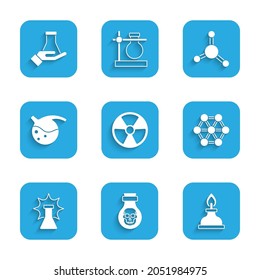 Set Radioactive, Poison in bottle, Alcohol or spirit burner, Molecule, Chemical explosion, Test tube and flask,  and  icon. Vector