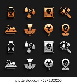 Set Radioactive, Poison magnifying glass, location, Biohazard symbol, Experimental mouse, waste barrel, Poisoned pill and Acid rain icon. Vector